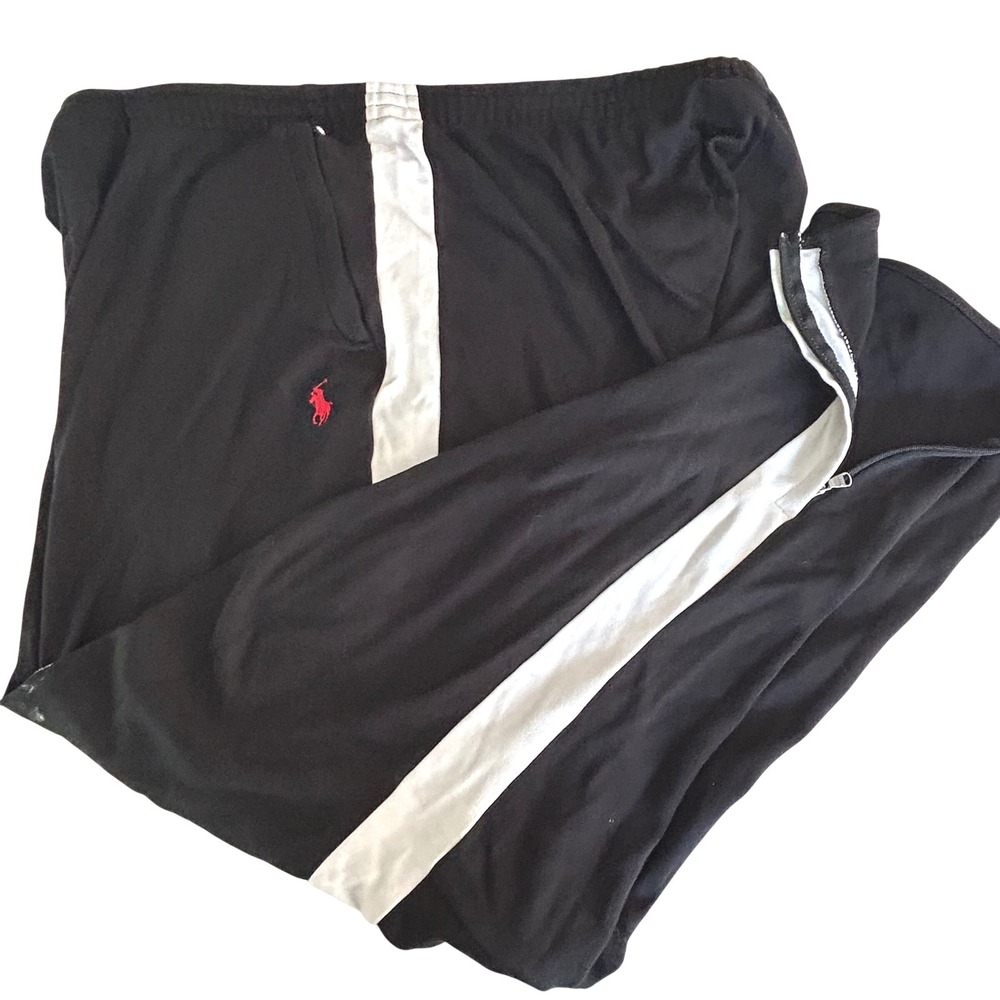 Polo Ralph Lauren XXL Track Pants Black‎ with White Stripe Zip Bottom